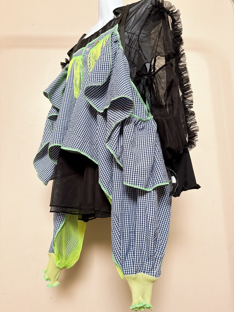 503246 肩リボンフリンジフリル2wayシャツ (青白ギンガム) Tussles attached plaid tops