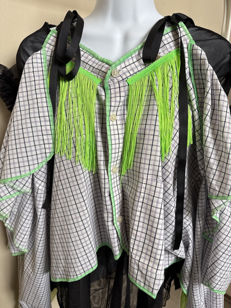 503242 肩リボンフリンジフリル2wayシャツ (白地に青チェック) Tussles attached plaid tops