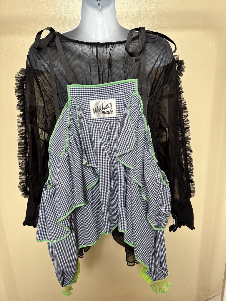 503246 肩リボンフリンジフリル2wayシャツ (青白ギンガム) Tussles attached plaid tops