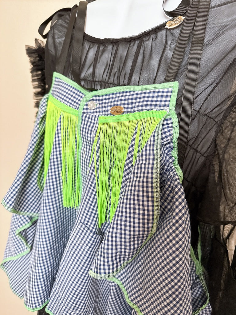 503246 肩リボンフリンジフリル2wayシャツ (青白ギンガム) Tussles attached plaid tops