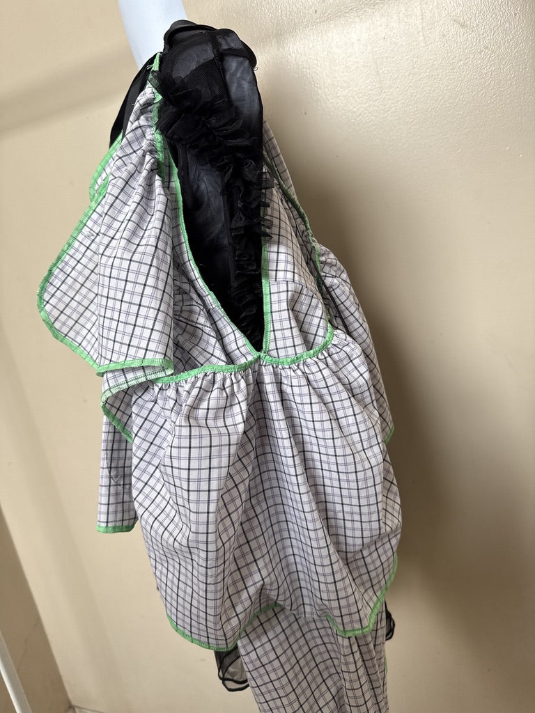 503242 肩リボンフリンジフリル2wayシャツ (白地に青チェック) Tussles attached plaid tops