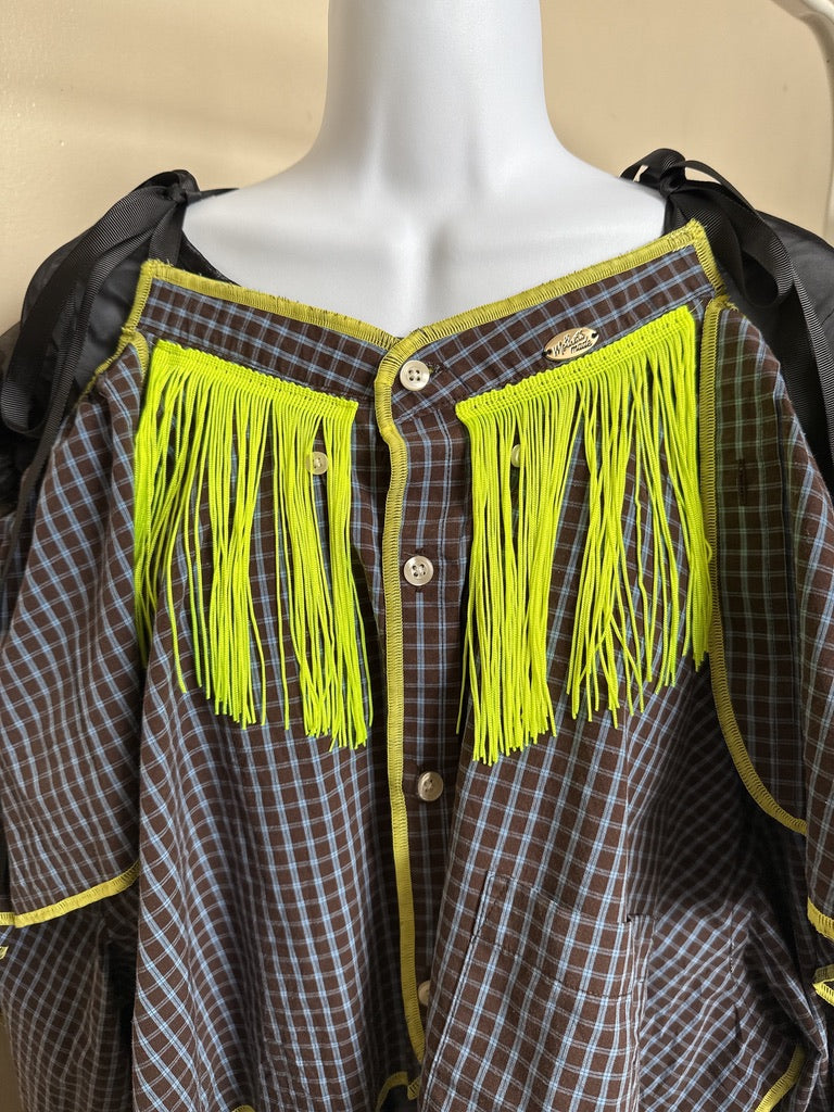 503237 肩リボンフリンジフリル2wayシャツ (茶色に青チェック) Tussles attached plaid tops