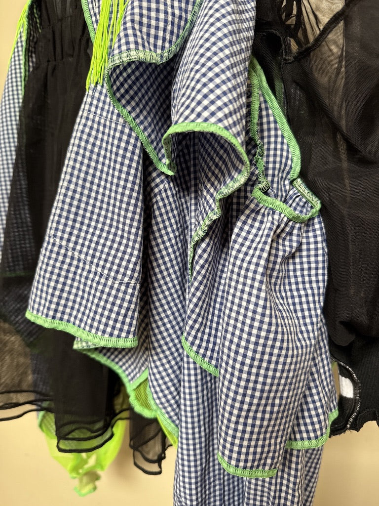 503246 肩リボンフリンジフリル2wayシャツ (青白ギンガム) Tussles attached plaid tops