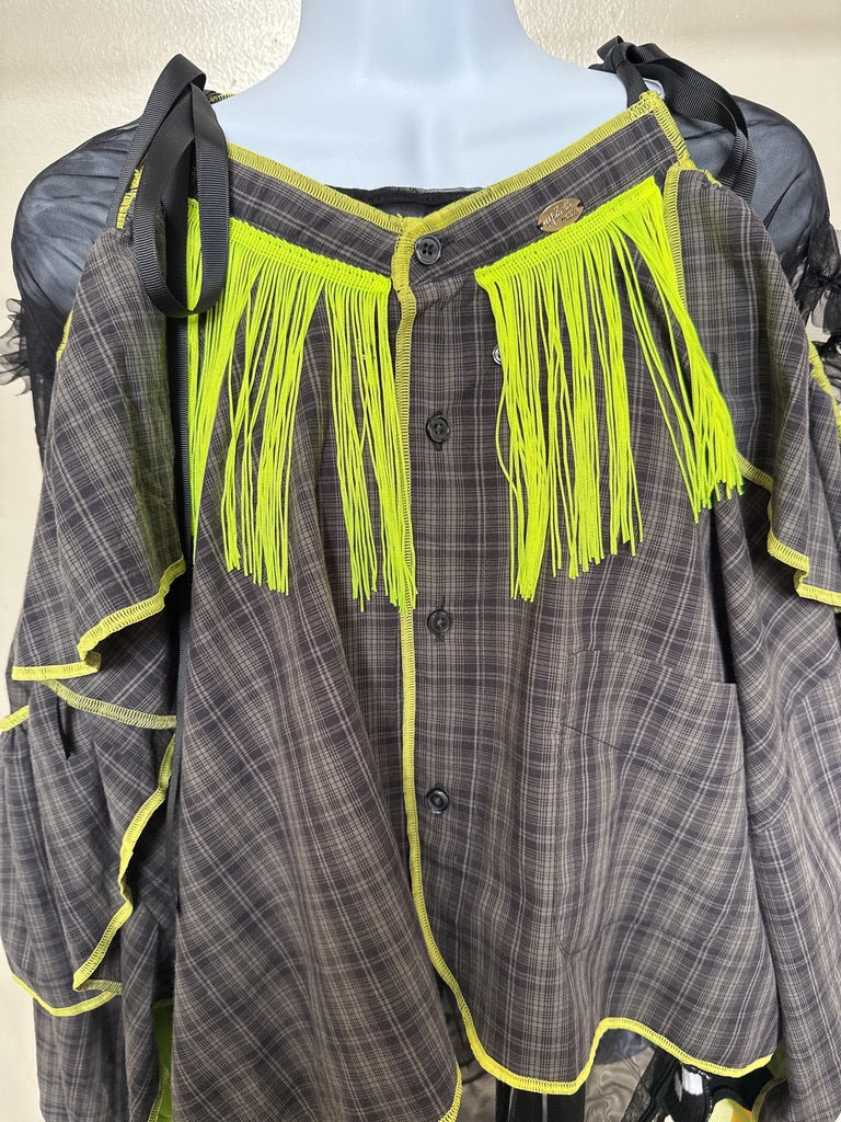 503239 肩リボンフリンジフリル2wayシャツ (茶色に黒チェック) Tussles attached plaid tops