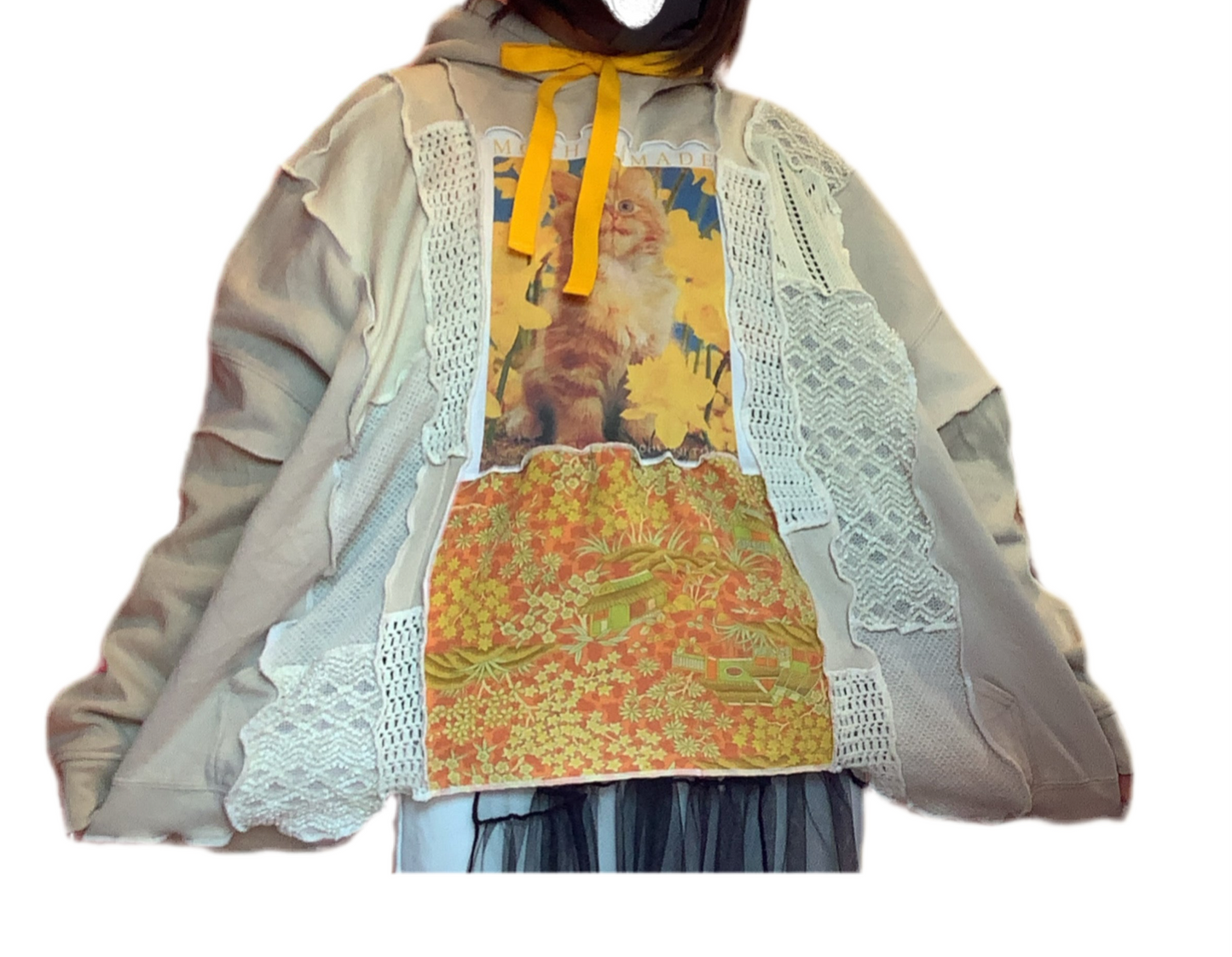 子猫柄フーディ Kitten patchwork hoodie