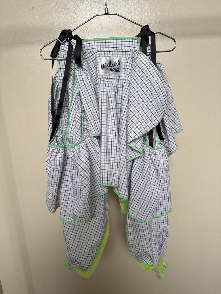 503242 肩リボンフリンジフリル2wayシャツ (白地に青チェック) Tussles attached plaid tops