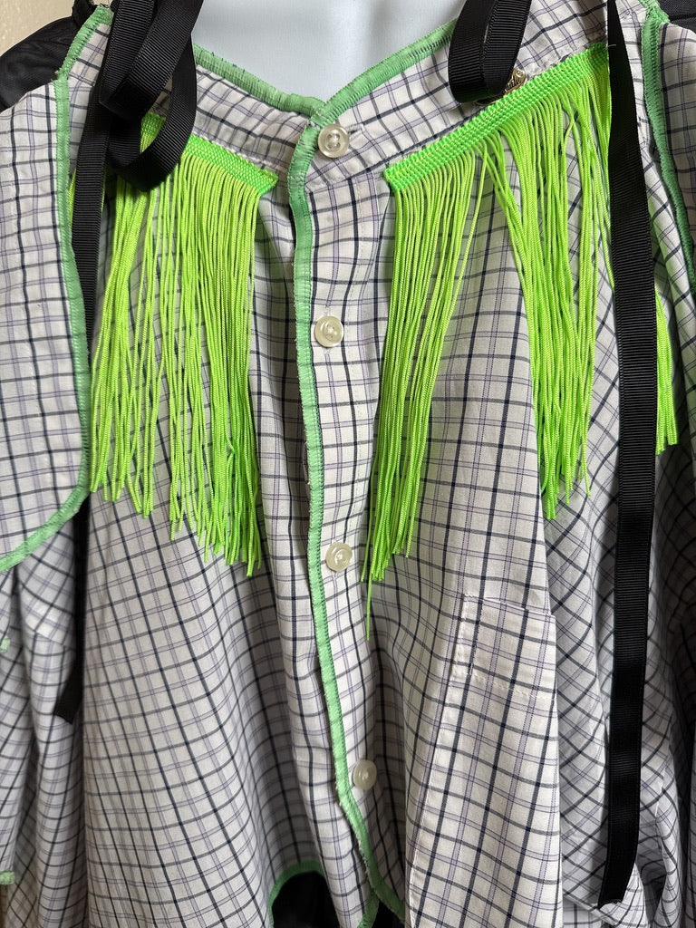 503242 肩リボンフリンジフリル2wayシャツ (白地に青チェック) Tussles attached plaid tops