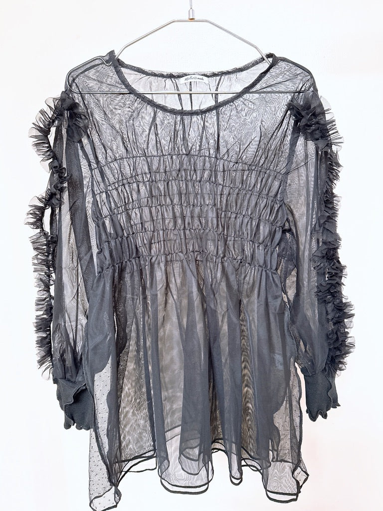 504203 シースルーフリルトップス (黒)black 2way mesh ruffled tops