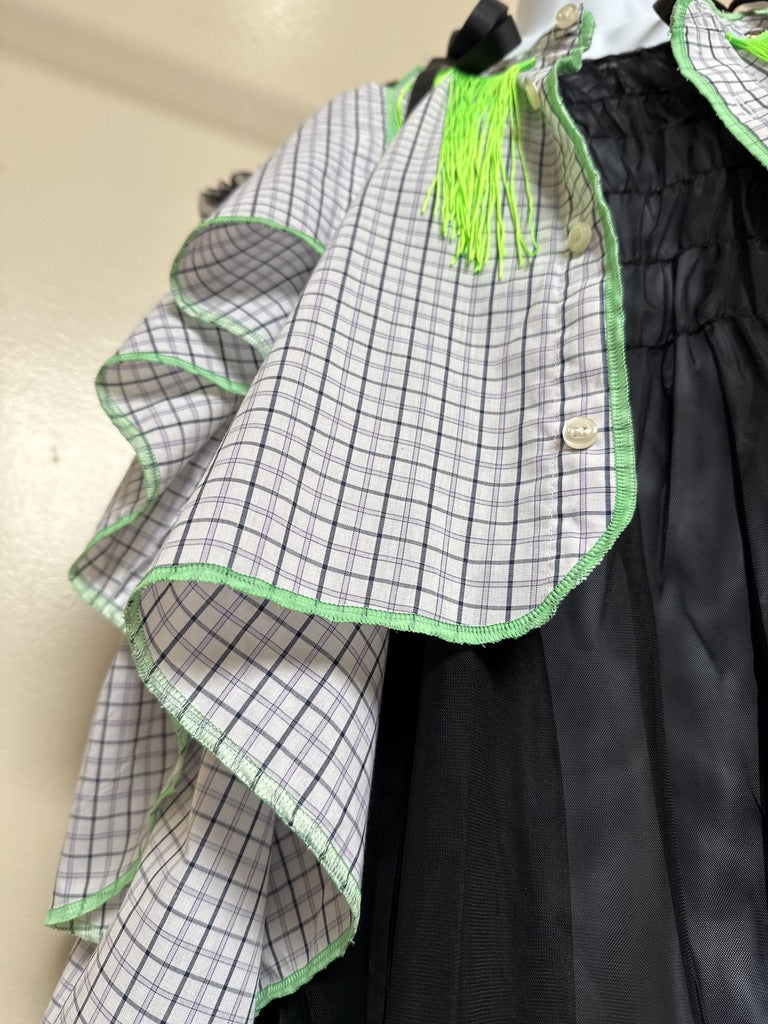 503242 肩リボンフリンジフリル2wayシャツ (白地に青チェック) Tussles attached plaid tops