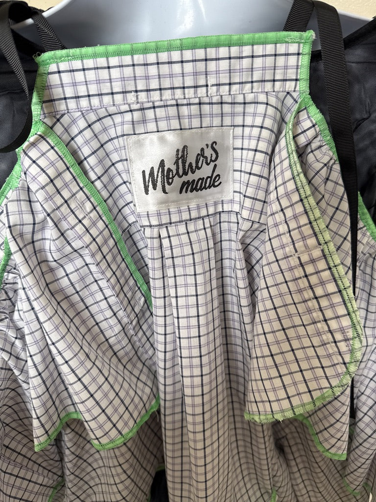 503242 肩リボンフリンジフリル2wayシャツ (白地に青チェック) Tussles attached plaid tops