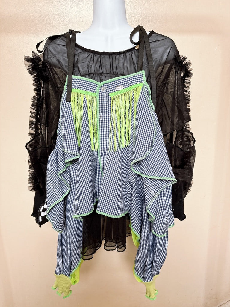 503246 肩リボンフリンジフリル2wayシャツ (青白ギンガム) Tussles attached plaid tops