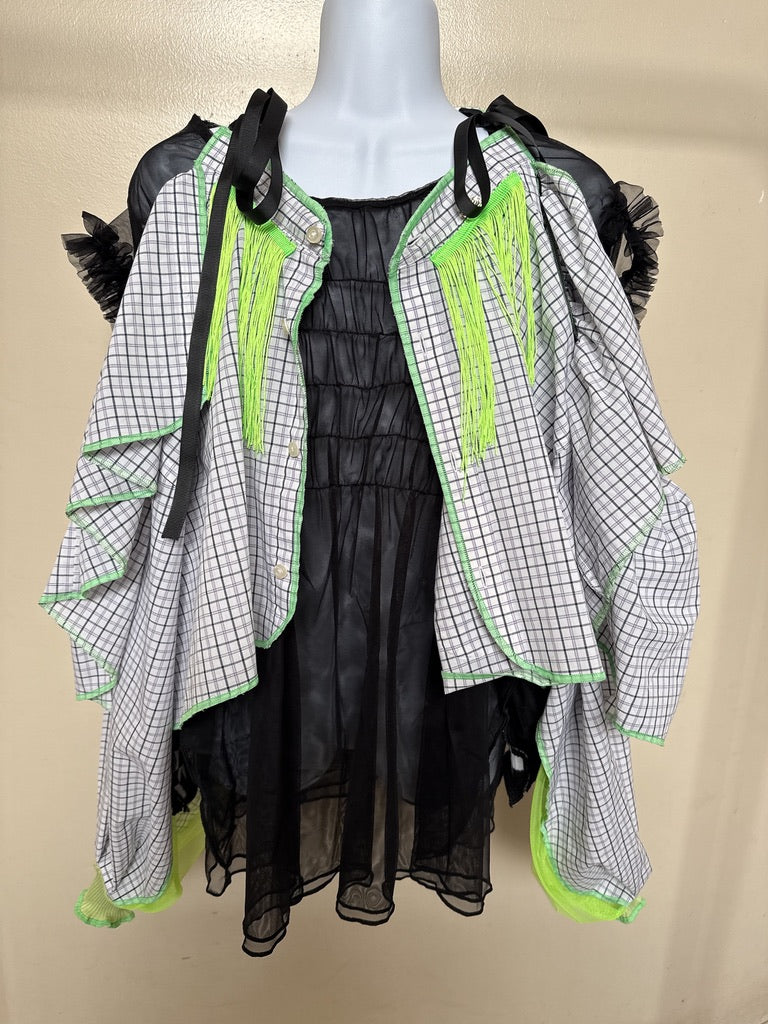 503242 肩リボンフリンジフリル2wayシャツ (白地に青チェック) Tussles attached plaid tops