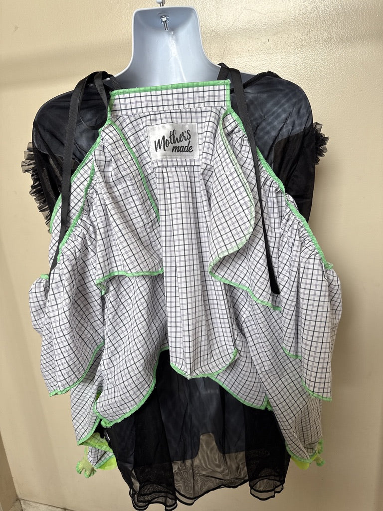 503242 肩リボンフリンジフリル2wayシャツ (白地に青チェック) Tussles attached plaid tops