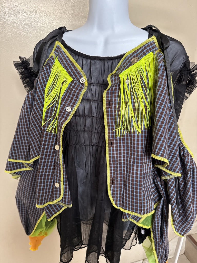503237 肩リボンフリンジフリル2wayシャツ (茶色に青チェック) Tussles attached plaid tops