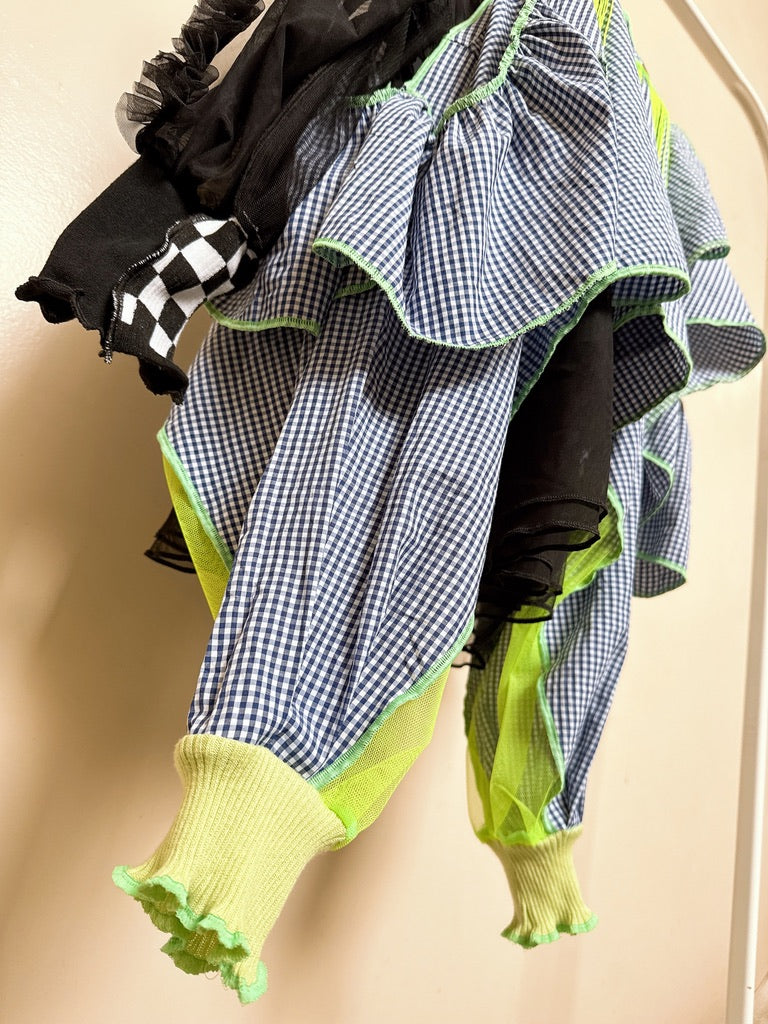 503246 肩リボンフリンジフリル2wayシャツ (青白ギンガム) Tussles attached plaid tops