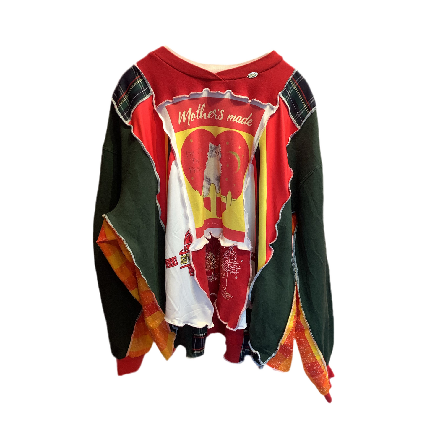猫柄スウェット(緑) Red/yellow Cat plaid sweatshirt