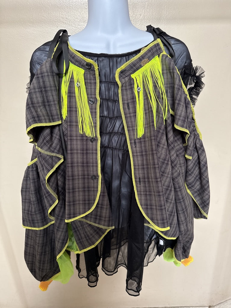 503239 肩リボンフリンジフリル2wayシャツ (茶色に黒チェック) Tussles attached plaid tops