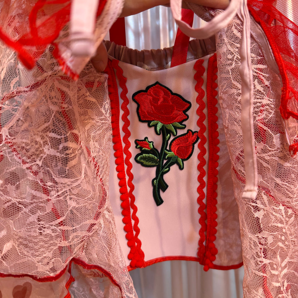 ピンク薔薇刺繍レースキャミソール