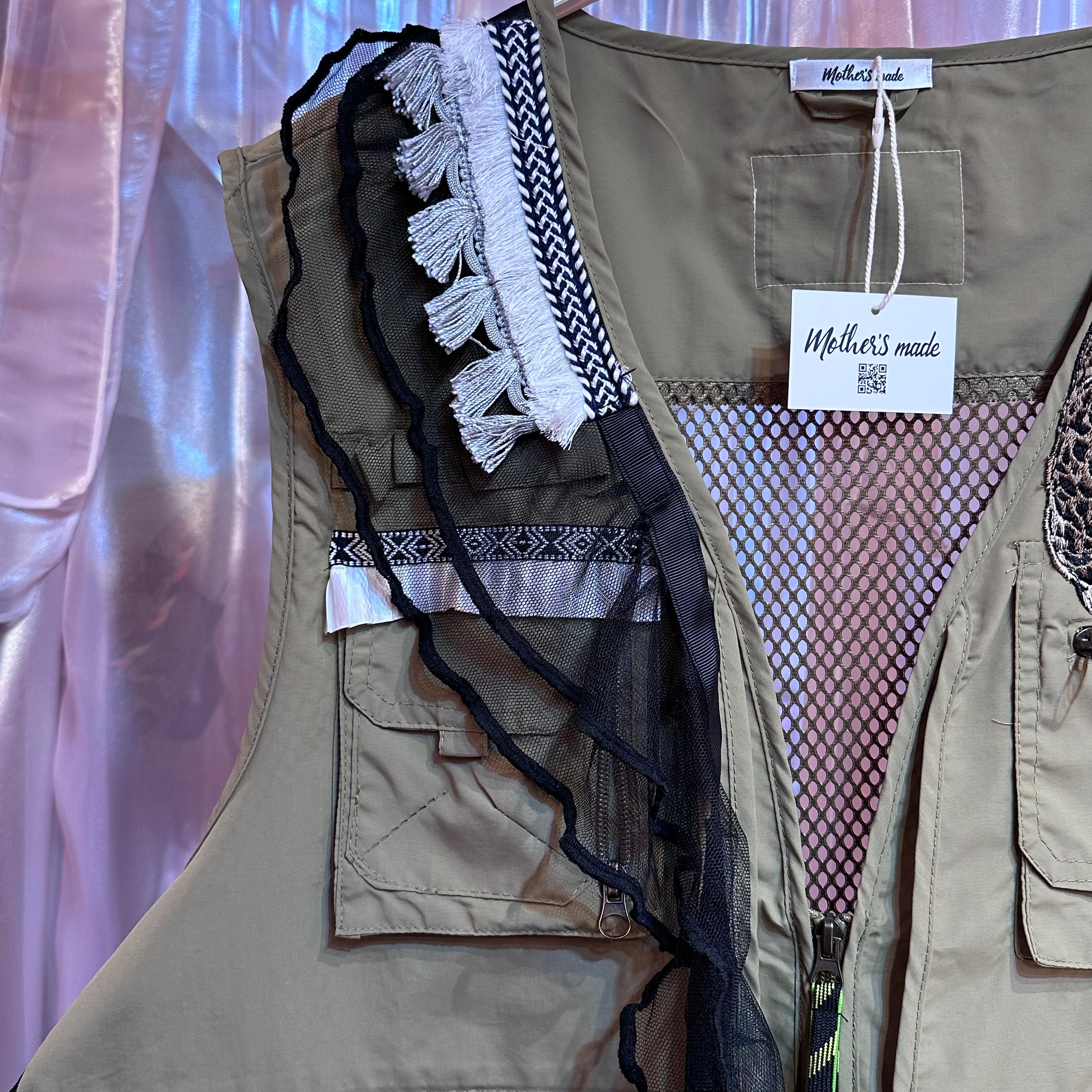 ベージュヒョウワッペンフィッシングチュールベスト