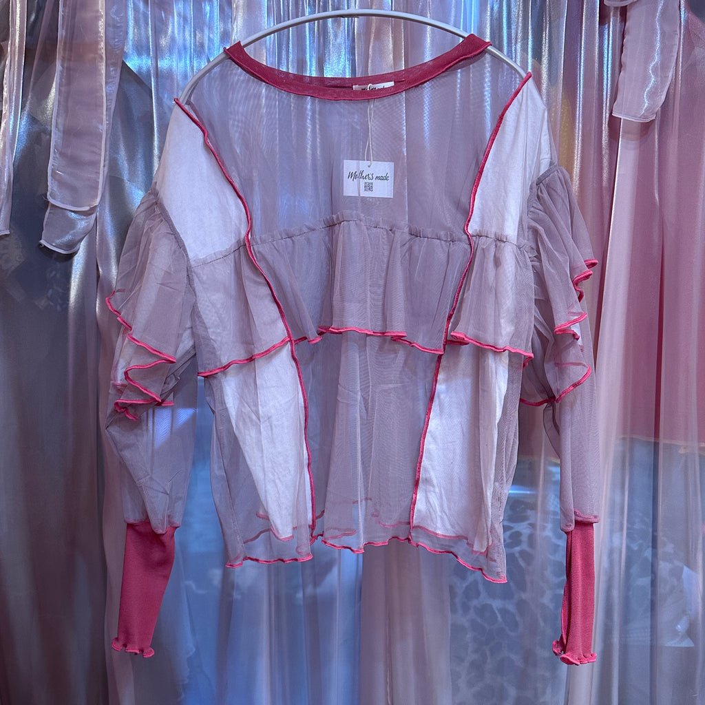 ピンクシアーフリル長袖トップス