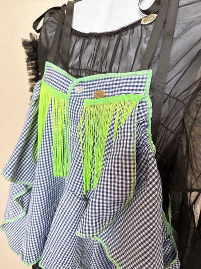 503246　肩リボンフリンジフリル2wayシャツ　（青白ギンガム）　　Tussles attached plaid tops