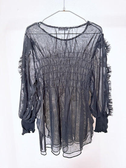 504203 シースルーフリルトップス　（黒）black 2way mesh ruffled tops