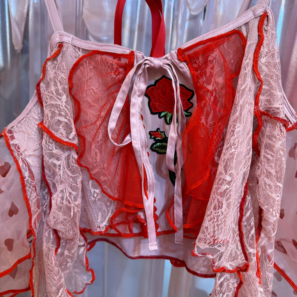 ピンク薔薇刺繍レースキャミソール
