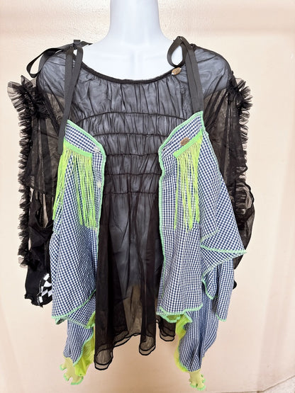 503246　肩リボンフリンジフリル2wayシャツ　（青白ギンガム）　　Tussles attached plaid tops