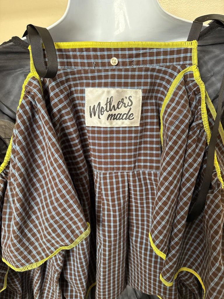 503237　肩リボンフリンジフリル2wayシャツ　（茶色に青チェック）　　Tussles attached plaid tops