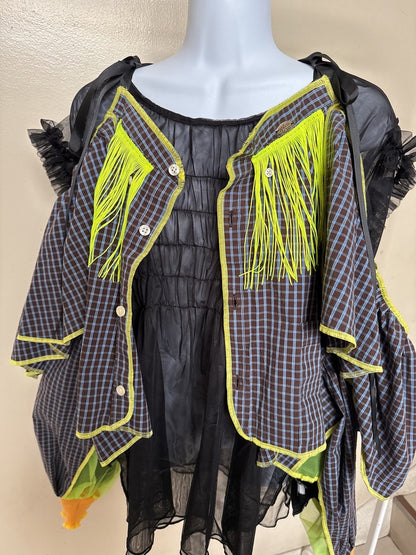 503237　肩リボンフリンジフリル2wayシャツ　（茶色に青チェック）　　Tussles attached plaid tops