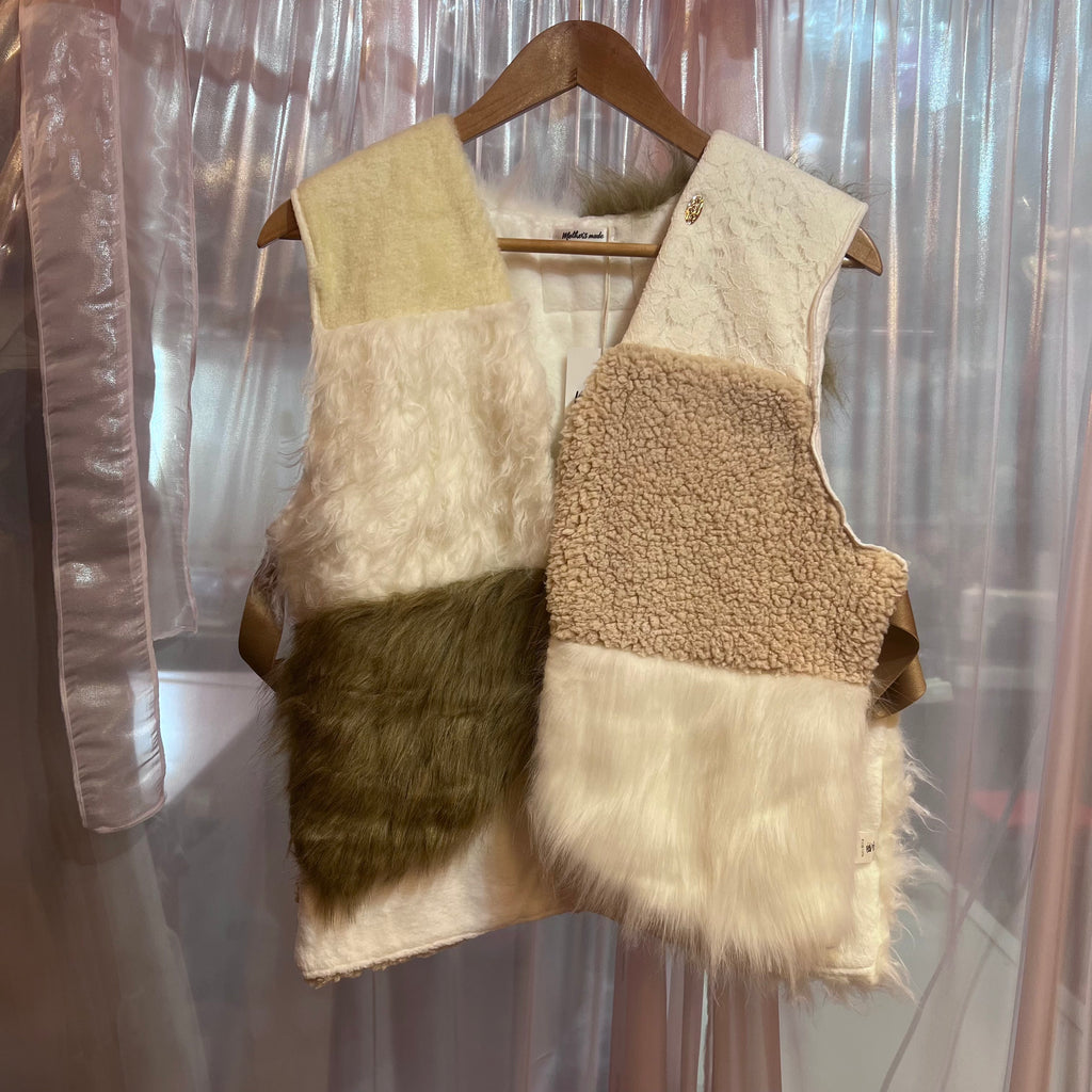 ファー xニットのパッチワークベスト