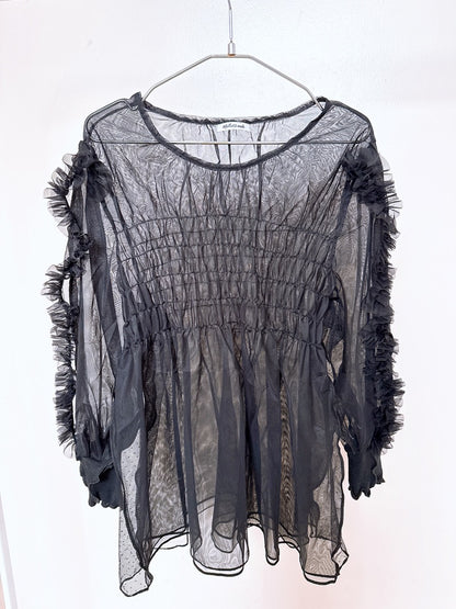 504203 シースルーフリルトップス　（黒）black 2way mesh ruffled tops