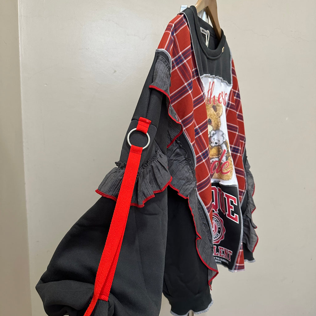 テディベアチェック柄リメイクスウェットシャツ