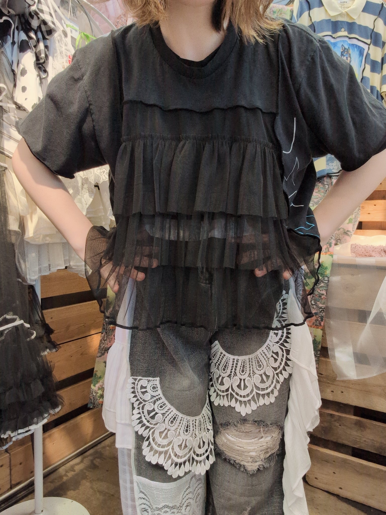 シフォン切替シンプル黒Tシャツ