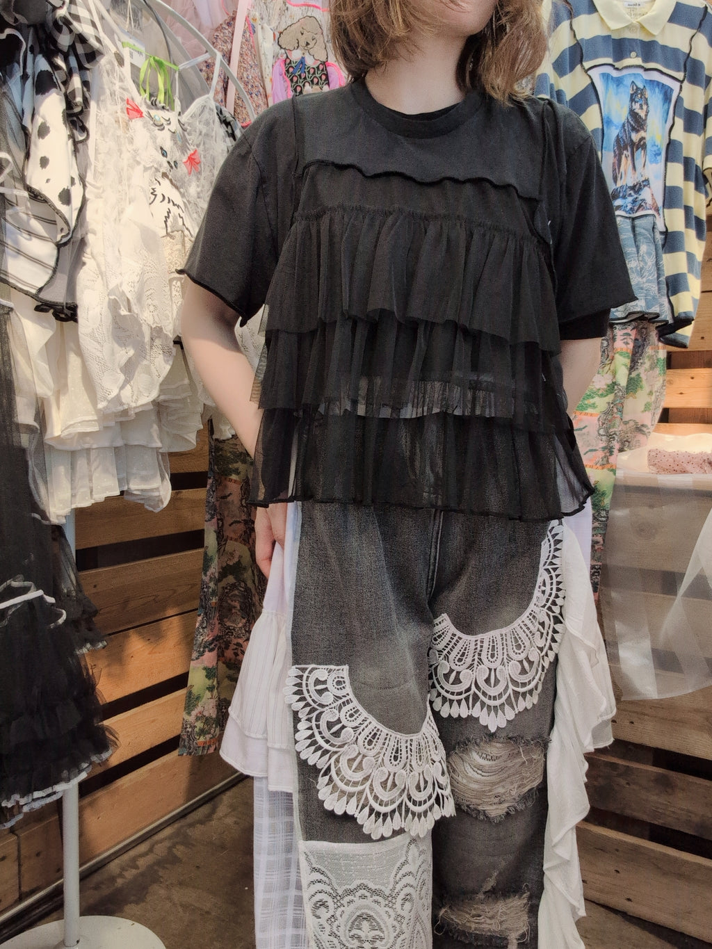 シフォン切替シンプル黒Tシャツ