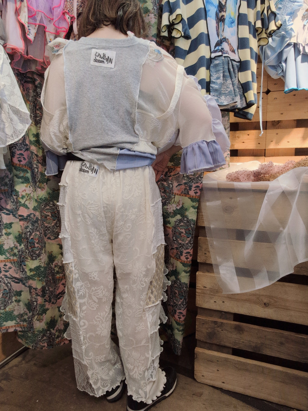 パッチワークフリルパンツ 白